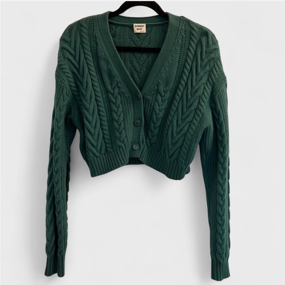 Aritzia (Sunday Best) Dark Green Cable Knit Cropped Cardigan Sweater